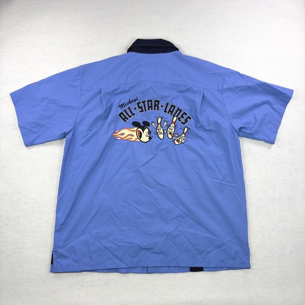 Vintage Disney Store Mickey's All-Star Lanes Bowling Shirt Blue Mens Large